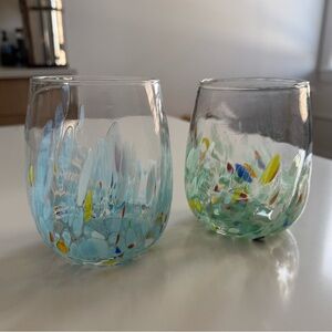 Murano White Crystal Confetti Stemless Wine Glasses Hand Blown In Italy Set(2)